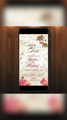 the wedding card is displayed on an iphone