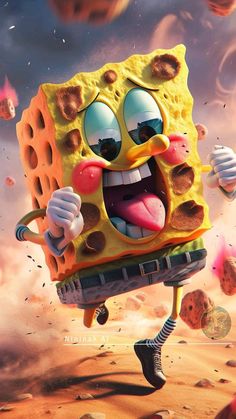 spongebob running through the desert with his tongue out and eyes wide open,