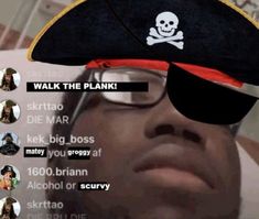 a man wearing a pirate hat and glasses with the words walk the plank on it