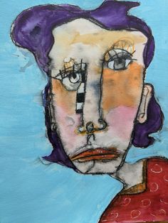 a painting of a woman's face with purple hair and an orange shirt on