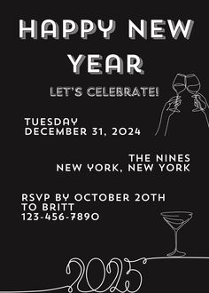 the new year's eve party flyer is shown in black and white, with an image of a woman holding a glass