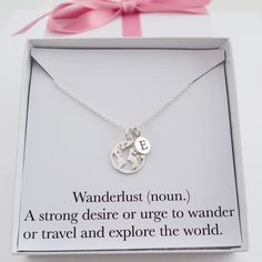 Wanderlust necklace jewelry gift, personalised world map initial necklace, adventure travel necklace jewelry gift for friend globe necklace Our world map necklace is simply gorgeous - the perfect gift for a wanderlust or travel enthusiast, as a gift to them on their next adventure! Small sterling silver world map charm and initial hanging on a delicate sterling silver chain. Stylish and effortlessly classy, would be perfect for layering with other necklaces. Explore our gorgeous collection of da Personalized Pendant Necklace For Best Friend, Personalized Adjustable Necklace For Best Friend, Dainty Charms Necklace For Best Friend Gift, Dainty Charms Necklace For Best Friend, Dainty Charm Necklaces For Best Friend Gift, Best Friend Gift Pendant Charm Necklace, Personalized Stainless Steel Jewelry As Gift For Her, Adjustable Pendant Charm Necklace For Best Friend, Personalized Adjustable Jewelry For Travel