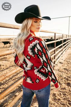 Vintage Vaquera Aztec Knit Cardigan ⚡Use code PIN15 at checkout for 15% off! ⚡ www.baharanchwesternwear.com #fallfashion #fall #fallweather #fallwesternoutfit #falloutfit #western #cowgirl #pullover #aztec #aztecprint #aztectop #fallwesternoutfit Duster Dress, Red Knit Sweater, Western Graphic Tees, Aztec Designs, Aztec Pattern, Chilly Weather, Go Ahead, Womens Bodysuit, Red Sweaters