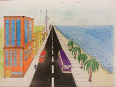 a drawing of two cars driving down a road next to the ocean with buildings and palm trees