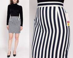 Vintage 90s dark navy blue & white striped mini pencil skirt. The fabric is super soft. Original tag still attached! Measurements and Condition: Fits like: Women's XS to small (25.5" waist) Fabric: Poly/viscose Brand: Clock House Condition: Deadstock Length: 19.5" Waist: 25.5" Hips: 37" - taken at the bottom of the zipper opening Shown on a 5'8" model with measurements of 35"-26"-38", usually wears a size small to medium. See our FAQ for more info on sizing and condition ratings. Chic Striped Fitted Mini Skirt, Fitted Vertical Stripe Mini Skirt For Spring, Fitted Striped Skirt For Spring, Striped Fitted Mini Skirt For Work, Fitted Mini Skirt With Vertical Stripes, Fitted Striped Mini Skirt For Spring, Fitted Skirt With Vertical Stripes For Spring, Spring Fitted Skirt With Vertical Stripes, Fitted Striped Mini Skirt