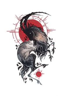 a black and white drawing of a bird with red sun in it's back