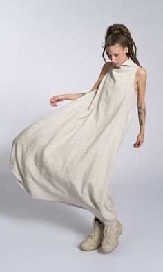 Linen High Neck Cocoon Dress A92318 - Etsy Cocoon Dress, Cotton Jumpsuit, Sleeveless Maxi Dress, Contemporary Fashion, Linen Fabric, Body Shapes, Bulgaria, High Neck, Maxi Dress