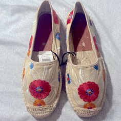 New! Never Worn! Beautiful Floral Embroidered Espadrilles These Beautiful Shoes Have Only Been Tried On. No Box! Note: (A Little Bit Of Peeling On Inside Of The Left Shoe Due To My Child Picking It With Her Nails.) Textile Upper Round Toe Slip-On Style Textile Lining Rubber Soles Embroidered Detail Please Note: Fits True To Size. Spring Embroidered Round Toe Espadrilles, Casual Embroidered Espadrilles For Spring, Casual Flat Embroidered Espadrilles, Spring Embroidered Slip-on Espadrilles, Embroidered Slip-on Espadrilles For Spring, Summer Embroidered Espadrilles With Round Toe, Casual Embroidered Closed Toe Espadrilles, Spring Embroidered Closed Toe Espadrilles, Embroidered Closed Toe Espadrilles For Spring