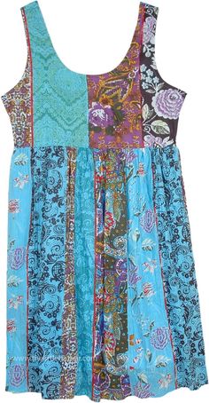 Turquoise Blue Multi-Floral Cotton Dress Light Blue Patchwork Summer Dress, Blue Patchwork Dresses For Vacation, Casual Blue Patchwork Dresses, Blue Bohemian Dress With Colorful Pattern, Bohemian Blue Dress With Colorful Pattern, Blue Sleeveless Patchwork Dress, Casual Blue Mixed Print Dress, Blue Floral Patchwork Beach Dress, Blue Floral Patchwork Short Sleeve Dress