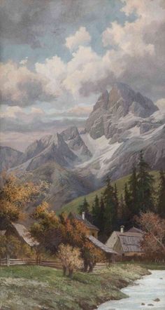 an oil painting of mountains and houses in the foreground with a river running through it