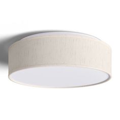 a white ceiling light with a round shade on the top and bottom part of it