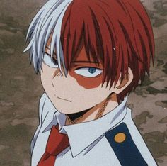 an anime character with red hair and blue eyes wearing a white shirt, red tie and black pants