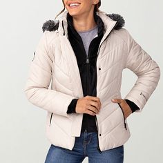 Embrace the cold while staying warm in this women's Free Country layered quilted puffer. It's made from a water-resistant fabric with a soft, heavyweight fill and a mock neck with a fur-lined hood. Its soft sherpa liner jacket has a zip closure with a full-zip outer layer, a snap-button storm flap, side ribbed knit detail, and side zip pockets.Features: Water Resistant, HoodedClosure Type: Zipper, SnapFit: Classic FitPockets: 2 Front Zip PocketsSleeve Length: Long SleeveWarmth Factor: Heavyweigh Liner Jacket, Jacket Beige, Puffer Jacket Women, Water Resistant Fabric, Puffer Jacket, Snap Button, Stay Warm, Side Zip, Mock Neck