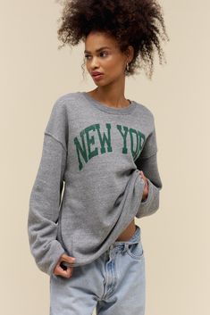 New York BF Crew Trendy French Terry Tops For College, Varsity Style Long Sleeve Sweater For Fall, Sporty French Terry Sweatshirt For Fall, French Terry Long Sleeve Sweatshirt For College, Long Sleeve French Terry Sweatshirt For College, Varsity French Terry Long Sleeve Sweatshirt, Gray Fall Sweater For College, Cozy French Terry Tops For Streetwear, Varsity French Terry Sweatshirt For Fall