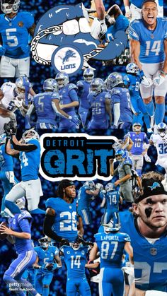 the detroit grit football team collage is shown in blue and white with an image of their players