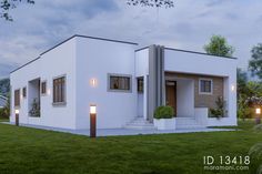 this is a computer rendering of a modern house with lights on the front and side