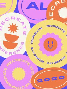 several circular stickers with the words create, recreat and receive on them