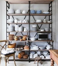 two pictures side by side, one with shelves and the other with dishes on them