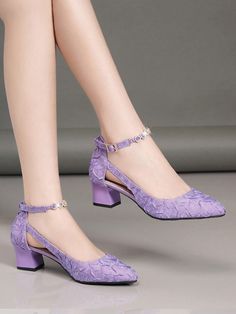 New Spring/Summer Pointed Toe High-Heeled Sole Shoes With Chunky Heel, Rhinestone Buckle Decoration And Shallow Vamp Lilac Heels, Shoes For Spring, Boot Print, Sole Shoes, Lilac Purple, Ankle Strap Heels, High Heel Pumps, Chunky Heel, Strap Heels