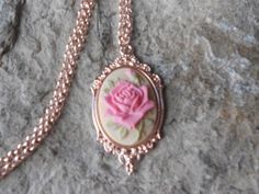 Pink Rose on Tan, Beige Cameo Rose Gold Tone Copper Pendant Necklace - Unique Pink Rose Design Pendant Necklace, Vintage Rose Design Necklaces In Rose Color, Pink Cameo Necklace For Gifts, Rose Pendant, Rose Necklace, Cameo Necklace, Cameo Brooch, Pin Pendant, Pretty Necklaces