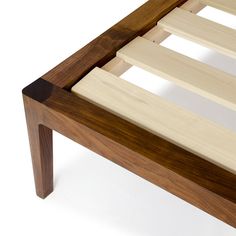 a bed frame with wooden slats on it