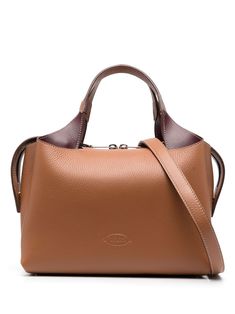 cognac brown calf leather grained texture debossed logo to the front top zip fastening two flat top handles detachable shoulder strap main compartment Tods Bag, Adjustable Bag, Saddle Brown, Leather Satchel Bag, Boston Bag, Leather Silver, Black Tote Bag, Leather Satchel, Leather Tote Bag