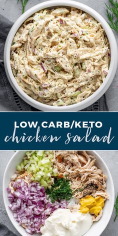 low carb keto chicken salad in a white bowl with the title above it