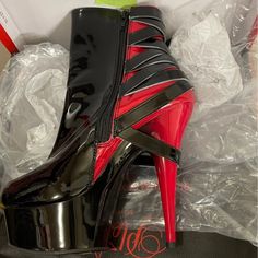 Red & Black Platform Pleaser Boots With Buckle Detailing On The Back I’m A 7.5 & The 8 Fits Me Perfectly. Just Selling To Buy Different Pair Bold Ankle Boot Heels For Party, Red Ankle Boot Heels For Night Out, Pleaser Boots, Platform Boots Black, High Platform Boots, Knee High Platform Boots, Pleaser Shoes, Black Platform, Evening Shoes