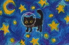 a painting of a black cat with stars in the background