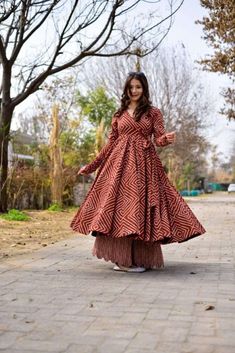 V Neck Kurta For Women, Brown Anarkali, Angrakha Style Kurti, Angrakha Style Dresses, Angrakha Style Anarkali, Angrakha Dress, Traditional Prints, Angrakha Style