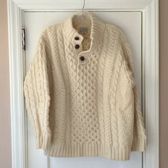 Ll Bean Heritage Cable Knit Sweater, Irish Fisherman's Button-Mock In Natural Color. Made In Ireland. Used But Excellent Condition. Size Is Xl But Sleeves Are Somewhat Short, See Measurements: Top To Bottom: ~26" Pit To Pit: ~24" Sleeve Length: ~21.5" Cream Fishermans Sweater, Irish Knit Sweaters, Vintage Ll Bean, Fisherman Sweater, Cable Knit Sweater, Ll Bean, L L Bean, Natural Color, Cable Knit