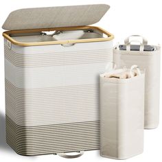 an air purifier and two containers on a white background