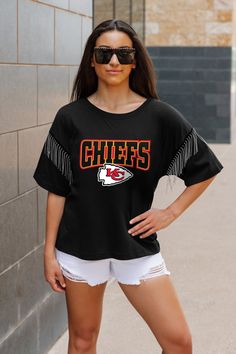 KANSAS CITY CHIEFS IRRESISTIBLE SHORT SLEEVE RHINESTONE FRINGE TEE Fringe Tee, Rhinestone Fringe, Ribbed Neckline, San Francisco 49ers, Kansas City Chiefs, Game Day, Kansas City, Kansas, The Game