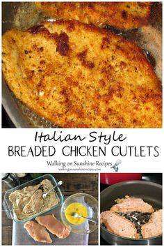 an italian style breaded chicken cutlets are shown in this collage with text