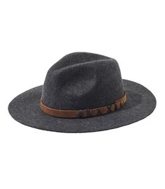 a gray hat with brown leather band