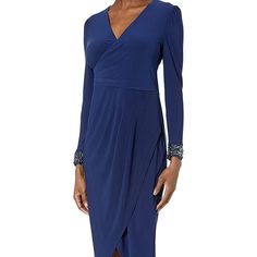 Adrianna Papell Women's Beaded Draped Jersey Dress Size 16 95% Polyester, 5% Elastane Elegant And Modern Best-Selling Silhouette Matte Jersey Fabric Elegant, Floaty Long Sleeves Wrap Skirt Long Sleeves With Exquisitively Beaded Cuffs Elegant Embellished Draped Dress, Elegant Embellished Midi Dress For Dinner, Formal Draped Embellished Dress, Blue Embellished Midi Dress For Cocktail, Blue Embellished Midi Cocktail Dress, Embellished Draped Gala Dress, Elegant Draped Sequin Dress, Blue Embellished Evening Midi Dress, Blue Embellished Midi Dress For Evening