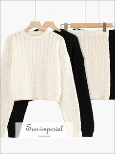 Women White Knitted Skirt Set with O Neck Soft Knit Cable Batwing Long Sleeve Cropped Jumper and Basic style White Knitted Skirt, Knitted Skirt Set, Knitted Skirt, Autumn Clothing, Black N White, High Fashion Street Style, Knit Skirt, Casual Pullover, Batwing Sleeve