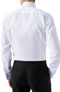 A diamond-dobby texture elevates the sophistication of this meticulously tailored tuxedo shirt cleanly crafted with a hidden button placket and French cuffs. 30 1/2" length; 43" chest (size 16.5) Hidden button placket Spread collar with permanent collar stays Long sleeves with French cuffs Back yoke Curved hem 100% cotton Machine wash, line dry Imported Men's Furnishings Elegant Formal Tops With Concealed Placket, Elegant Semi-formal Shirt With Concealed Placket, Elegant Tailored Shirt With Concealed Placket, Elegant Shirt With Concealed Placket And Spread Collar, Elegant Shirt With Concealed Placket, Timeless Formal Tops With Concealed Placket, Timeless Formal Top With Concealed Placket, Formal Fitted Tuxedo Shirt, Fitted Tuxedo Shirt For Formal Occasions