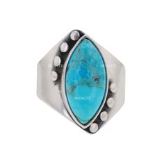 this Sterling Silver Navajo ring features a beautiful Easter Blue Turquoise centerpiece handmade metaphysical properties of Turquoise: it is said that Turquoise helps with healing maladies of the ears, nose, throat. larynx and neck. This is the stone for ENT Doctors, speech therapists, vocal coaches, singers, auctioneers, radio and television hosts. It helps oxygenate the blood and increase the amount of prana in the physical body Turquoise is the gemstone for December size 11 approximate center Southwestern Blue Turquoise Ring With Natural Stones, Southwestern Style Blue Turquoise Ring With Natural Stones, Southwestern Blue Turquoise Teardrop Ring, Blue Artisan Turquoise Ring Nickel Free, Spiritual Nickel-free Blue Turquoise Ring, Turquoise Centerpieces, Navajo Ring, Odd Numbers, Navajo Rings