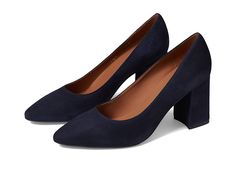 Aquatalia Peony - Women's Shoes : Navy : Slay the evening style wearing the very bold and elegant Aquatalia Peony Heels. Soft suede upper. Leather lining and insole. Easy slip-on style. Timeless pointed toe. Chunky block heel. Rubber outsole. Made in Italy. Measurements: Heel Height: 2.95 in. Single Shoe Weight: 17.28 oz. Chic Court Shoes With 4-inch Heel For Business Casual, Elegant 4-inch Block Heels For Fall, Chic Business Casual Court Shoes With 4-inch Heel, Chic Block Heels With Medium Width, Fall Block Heels With Contrasting Heel Counter, Chic Stacked Heel Block Heels For Fall, Chic Block Heels With Stacked Heel For Fall, Chic Block Heels Medium Width, Formal Court Shoes With Contrasting Heel For Fall