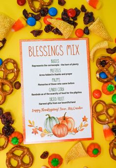 a thanksgiving menu with candy and pretzels