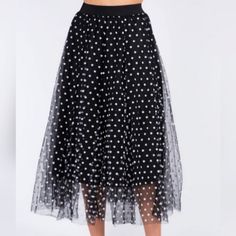 Polka Dot Pattern, Layered Tulle Skirt Midi Length, Elastic Waistband Black With Small White Dots A-Line Skirt Length Is 31" With A 26" Black Slip Lining Polka Dot Pleated Party Skirt, Polka Dot Pleated Skirt For Party, Pleated Polka Dot Skirt For Party, Polka Dot Bottoms For Spring Party, Party Polka Dot Pleated Skirt, Polka Dot Party Bottoms For Spring, Polka Dot Tiered Lined Skirt, Polka Dot Pleated Skirt For Spring, Spring Polka Dot Midi Skirt