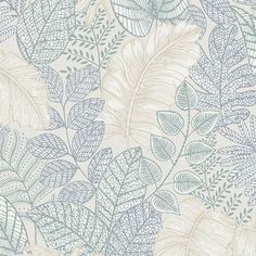 a blue and white wallpaper with leaves on it