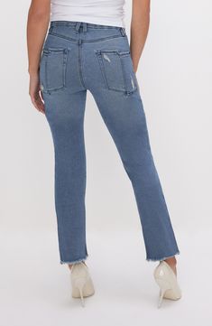 Subtle distressing and a split-pocket style bring edgy appeal to these straight-leg jeans made with stretch for all-day comfort and support. 24 1/2" inseam; 14" leg opening; 9 1/2" front rise; 13" back rise (size 4) Zip fly with button closure Five-pocket style 95% cotton, 4% elastomultiester, 1% elastane Machine wash, tumble dry Imported Black Owned/Founded Everyday Distressed Denim Blue Flare Jeans, Straight Leg Distressed Flare Jeans In Medium Wash, Distressed Straight Denim Blue Jeans, Straight Distressed Denim Blue Jeans, Distressed Stretch Straight Leg Jeans, Stretch Straight Leg Distressed Jeans, Distressed Straight Leg Cropped Jeans In Denim Blue, Denim Blue Distressed Straight Leg Cropped Jeans, Stretch Distressed Straight Leg Jeans