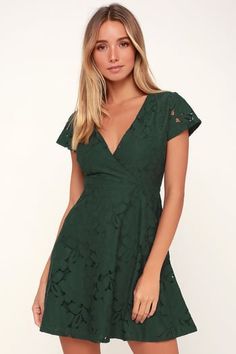 Tia Dark Green Lace Skater Dress Cute Skater Dresses, Forest Green Dress, Cute Cocktail Dresses, Green Formal Dresses, Long Green Dress, Dark Green Dress, Knit Wrap Dress, Olive Green Dresses, Lace Skater Dress