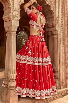 Shop for PREEVIN Mirrorwork Embroidered Tiered Lehenga Set for Women Online at Aza Fashions Traditional Mirror Work Lehenga For Ceremonies, Floor-length Mirror Work Lehenga For Traditional Ceremonies, Floor-length Lehenga With Mirror Work For Traditional Ceremonies, Traditional Mirror Work Floor-length Lehenga, Bohemian Embroidered Red Lehenga, Red Mirror Work Anarkali For Traditional Ceremonies, Red Bohemian Lehenga With Motifs, Red Bohemian Lehenga With Traditional Drape, Bohemian Red Lehenga With Traditional Drape