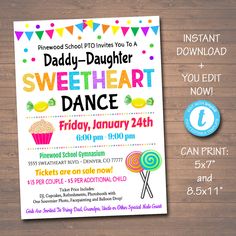 this is an image of a sweet heart dance birthday party invitation with candy and lollipops