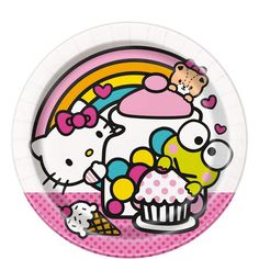 a paper plate with hello kitty and rainbows on the front, in pink polka dots