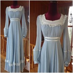 Beautiful 70s Gunnesax dress in sky blue. The light blue tone and white lace throughout give it a very bright and refreshing feel. Ren style gunne sax. Tag size: Gunne Sax 9 Bust 35.5" Waist 27" Length 54" There are no visible flaws.  Good vintage condition.  Shipping worldwide.  Thank you. Gunne Sax Dream Dress, Blue Vintage Victorian Dress With Ruffles, Vintage Light Blue Dress With Ruffles, Vintage Light Blue Ruffled Dress, Light Blue Vintage Dress With Ruffles, Fitted Blue Victorian Vintage Dress, Blue Vintage Dress For Vintage Events, Vintage Blue Victorian Daywear Dress, Blue Vintage Victorian Dress For Daywear