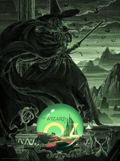 a wizard sitting on top of a green ball in the middle of a mountain range